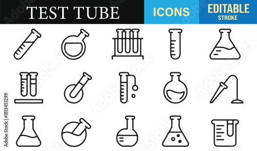 Scientific icon set featuring experiment tubes, round flasks, and laboratory solutions