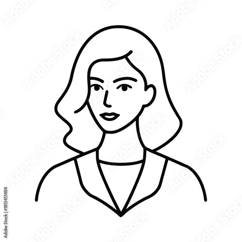 Simple Line Art Icon of a Woman with Wavy Hair and a Professional Outfit
