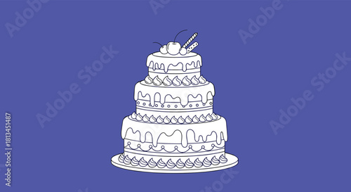 Elegant white line art of a three-tiered celebration cake with dripping frosting, piped details, cherries, and wafer sticks, on a purple background.