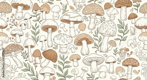 Seamless pattern with hand-drawn forest mushrooms and botanical elements, featuring an earthy, vintage-inspired sketch style perfect for rustic designs.