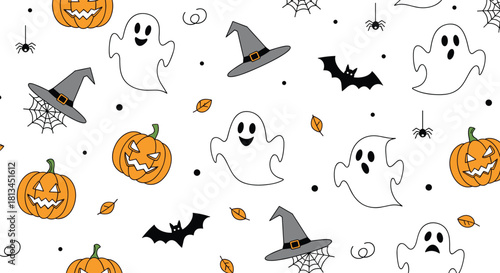 Cute Halloween seamless pattern with festive spooky elements like pumpkins, ghosts, bats, witch hats, and spiders on a white background.