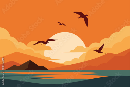Calm sunset vista with birds soaring above water and hills. Vector