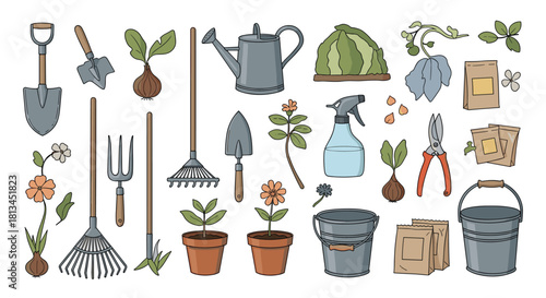 A colorful collection of essential gardening tools and plant elements for spring planting and horticulture activities.