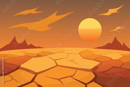 Arid cracked desert landscape with sun and mountains Vector