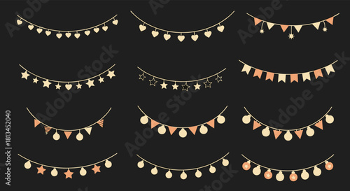 Collection of various decorative garlands and string lights featuring hearts, stars, flags, and circles, ideal for festive celebrations.