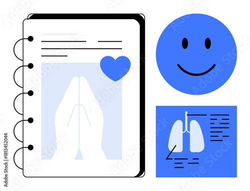 Health and wellness concept. Health elements include praying hands for mental well-being, a lungs diagram for respiratory health, and a happy face promoting positivity. Ideal for mental health