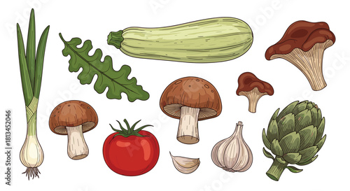 A colorful collection of fresh organic vegetables, fungi, and herbs, perfect for healthy cooking and culinary themes.