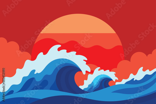 Vibrant ocean waves with a striking red sunset sky Vector