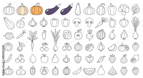 A diverse collection of outline and partially colored fruit and vegetable icons, showcasing a variety of healthy produce items.
