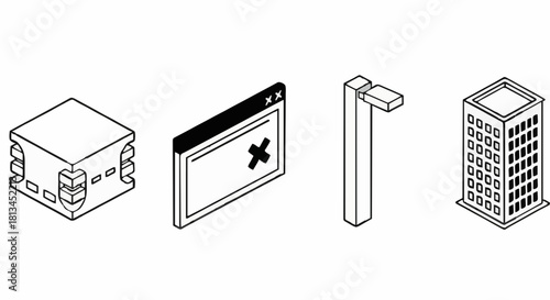 Isometric City Icons Featuring Buildings, Streetlights, Windows, and Urban Elements for Design