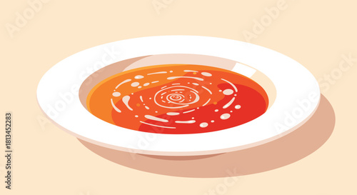A vibrant, flat-design illustration of a delicious orange-red soup in a white bowl, garnished with a decorative cream swirl and small droplets.