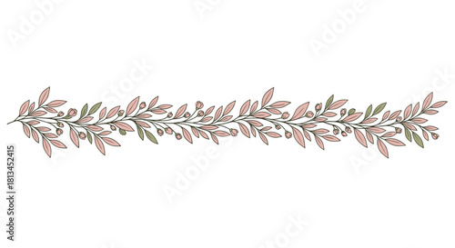 Delicate hand-drawn botanical border with dusty rose and muted green leaves and small buds, forming an elegant horizontal decorative design element.