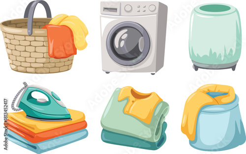 Cartoon style laundry and ironing equipment illustration with washing machine, clothes basket, folded clothes, clean garments, and household cleaning tools