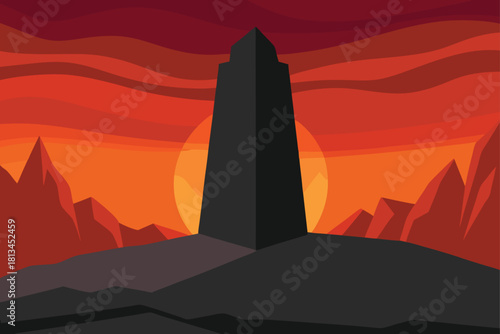 Monolith silhouette on alien planet at fiery sunset Vector