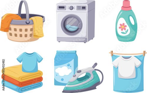 Cartoon style laundry and ironing equipment illustration with washing machine, clothes basket, folded clothes, clean garments, and household cleaning tools