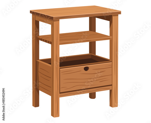 Simple wooden side table with shelves and a single drawer