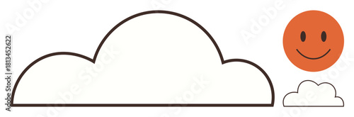 Smiling orange sun next to outlined cloud, delivering playful harmony and cheer. Ideal for positivity, weather, simplicity, happiness, nature, optimism and child-friendly visuals. Simple flat