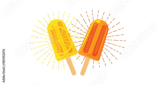Sweet and cooling yellow lemon and orange popsicles on sticks, perfect for a hot summer day, with a cheerful radiating effect.