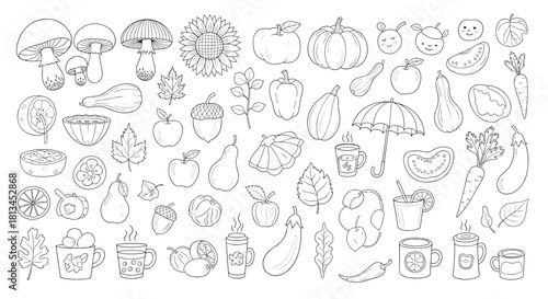 A delightful collection of hand-drawn autumn elements, featuring various fruits, vegetables, leaves, and seasonal items in a charming doodle style.