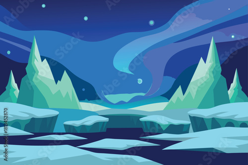 Stylized arctic landscape with vibrant northern lights. Vector