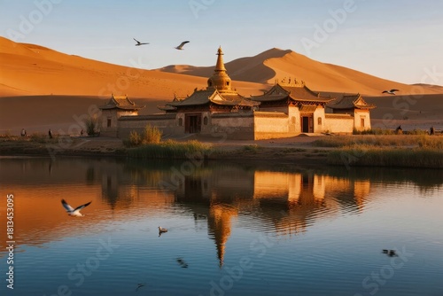 Fototapeta Naklejka Na Ścianę i Meble -  Traditional temple reflected in calm water surrounded by sand dunes at sunset