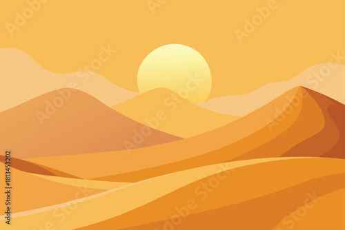 Flat vector desert landscape with sand dunes and sun Vector