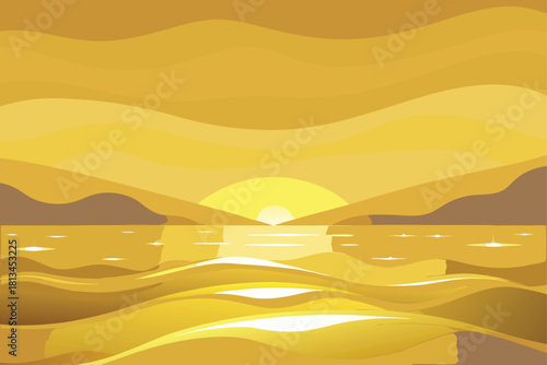 Warm abstract sunset over ocean waves minimalist art Vector