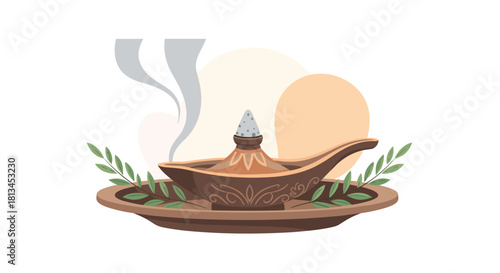A stylized brown incense burner or oil lamp with smoke rising, decorated with green leaves on a tray, set against abstract warm-toned background shapes.