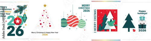 Festive Christmas and New Year Greeting Cards Collection: Holiday Vector Illustrations for Background Designs, Party Invitations, Website Banners, Social Media Graphics and Seasonal Marketing Material