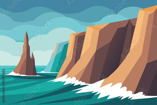 Coastal landscape with dramatic cliffs and sea stack Vector