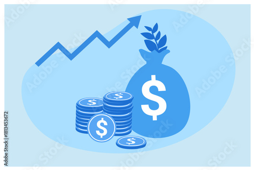 Financial growth and investment icons A blue money bag with a dollar sign, sustainable financial growth vector illustration
