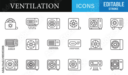 Outline-style HVAC and ventilation icon pack for engineering, building, and indoor air design