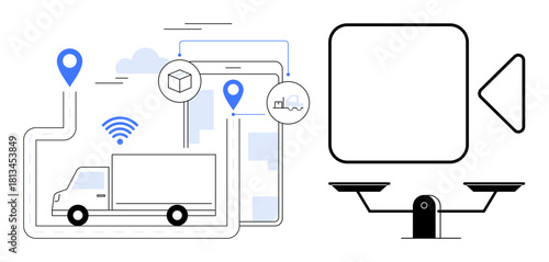 Delivery truck on a networked route, GPS indicators, weighing scale, and mobile devices. Ideal for technology, logistics, transportation, e-commerce, delivery management digital tracking shipping
