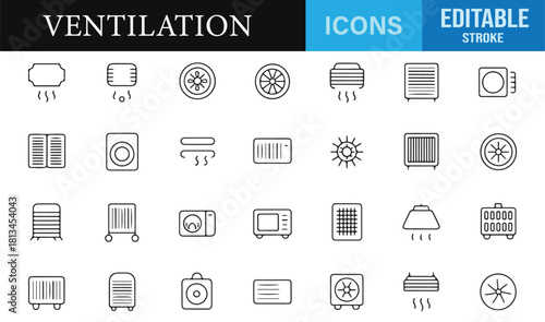 Set of modern climate control icons showing fans, purifiers, air conditioners, and vents