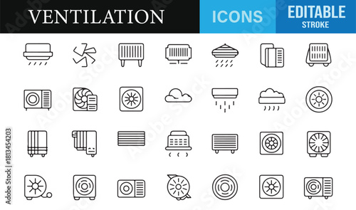 Editable stroke pack of HVAC equipment icons for airflow, cooling, and heating