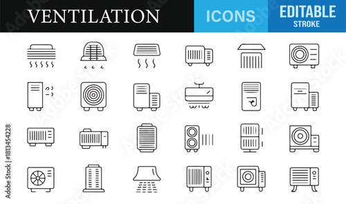 Thin-line ventilation system symbols including fans, heaters, filters, and ducts