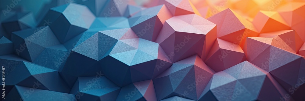 Fototapeta premium Abstract geometrical composition displays a gradient transition, showcasing shades of blue, pink, and orange, creating a dynamic and three-dimensional visual with sharp angles and textures.