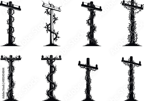 Utility pole vine growth sequence, nature reclaiming infrastructure, time progression concept, silhouette illustration – flavector