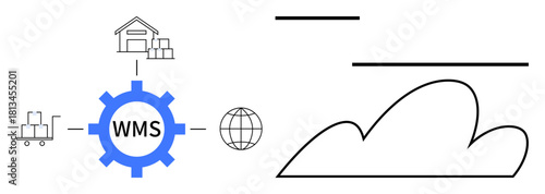 Gear labeled WMS connects warehouse, delivery cart, and globe to a cloud. Blue and black design. Ideal for logistics, supply chain, cloud computing, technology, data sharing process optimization