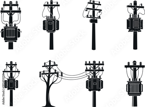 Utility poles, transformer silhouettes, electric grid, tree integration, wire layouts, infrastructure designs, power lines - flavector
