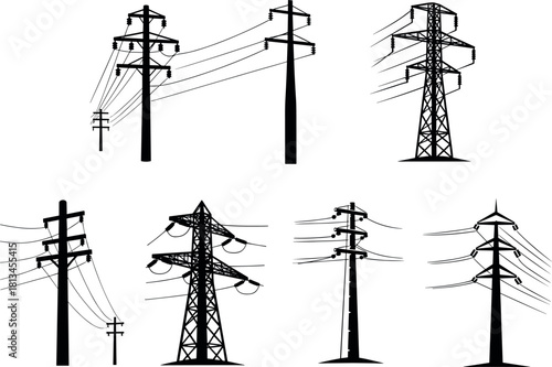 Utility poles, transmission towers, silhouette infrastructure, electric grid, crossarms, insulators, power lines, engineering - flavector