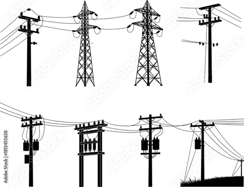 Utility poles, transmission towers, transformer silhouettes, electric grid, grassy terrain, wire layouts, infrastructure - flavector