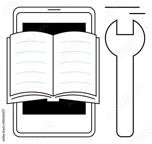 Open book displayed on a tablet screen beside a wrench symbolizing education, digital repair, skill-building. Ideal for online learning, education technology, digital tools, e-books, learning apps