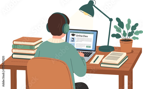 Student taking an online class from home, wearing headphones, using a laptop at a desk with books, a lamp, and a plant. e-learning concept illustration vector. Vector