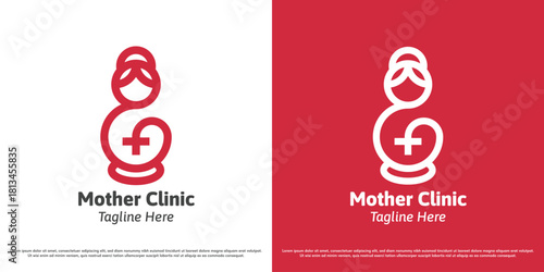 Mother clinic logo design vector illustration. Silhouette of a mother and baby in the womb. Abstract feminine health icon symbol.