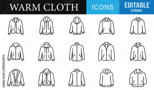Minimalist warm wear icons featuring parka, fleece, hooded coats, and seasonal apparel