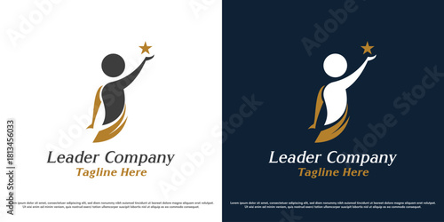 Business leader logo design vector illustration. Silhouette of a businessman achieving success. Simple icon symbol of growth career company.