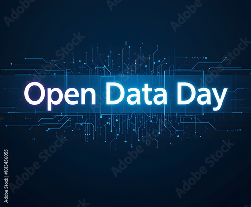 A digital futuristic background featuring the phrase “Open Data Day” surrounded by glowing technological elements.