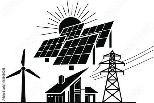Renewable energy sources solar panels wind turbine and sustainable home illustration