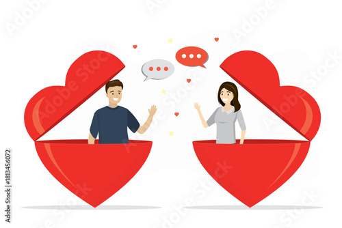 Male and female characters looking from opened red hearts. Young funny man and woman talk, laugh and flirt on the first date. Loving couple, communication, chatting.